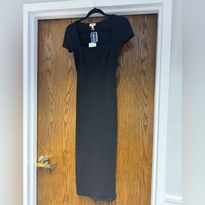 See You Monday Square Neckline Ribbed Midi Dress w/ Leg Slit